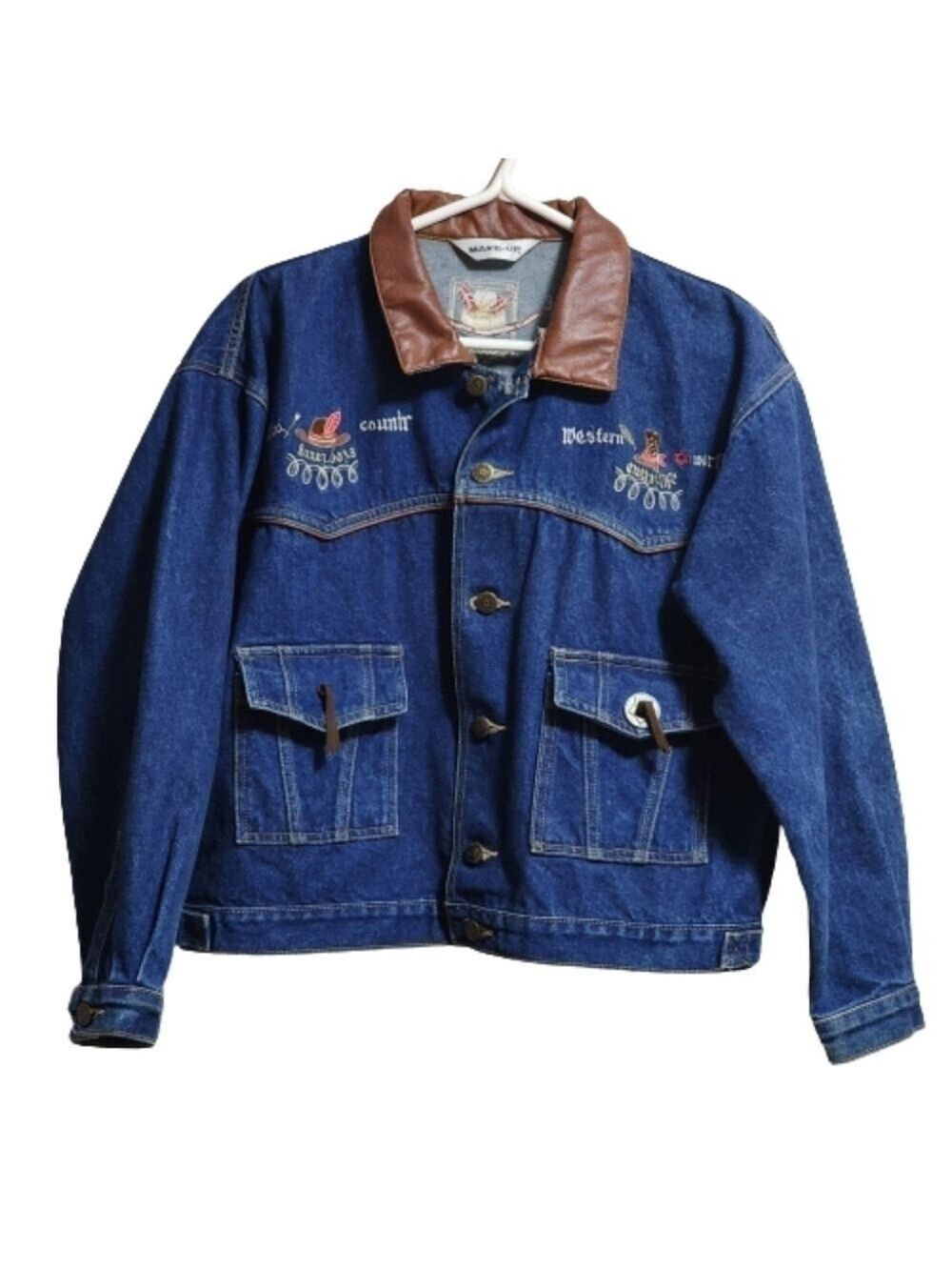 Vintage 90s Makeup embroidered trunker denim  jacket with leather collar